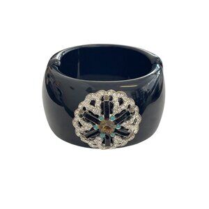Vintage Black Hinged Wide Cuff Bracelet Rhinestone Medallion Statement Chunky